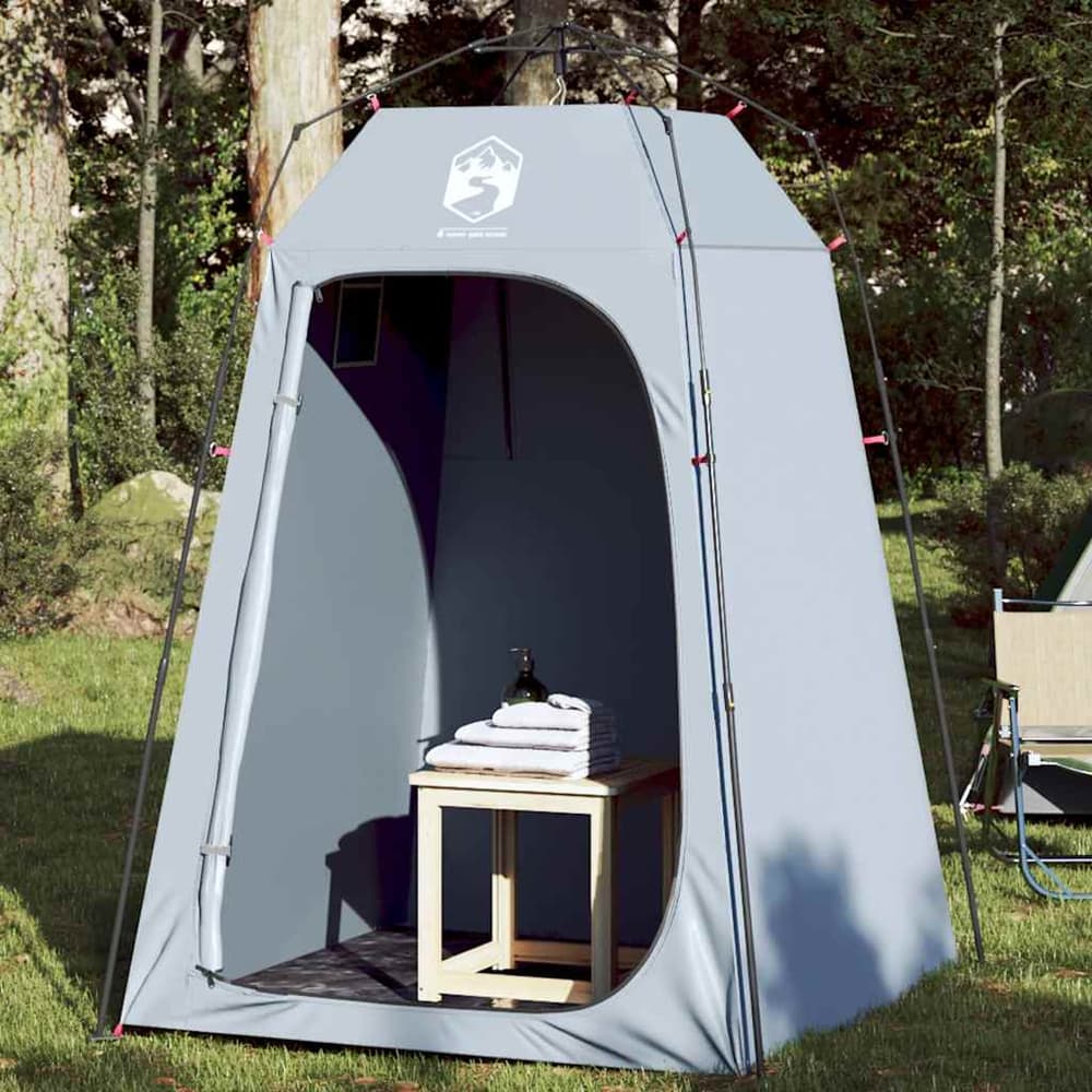 vidaXL Privacy Tent Grey Quick Release Waterproof set up outdoors with a small table and towels inside