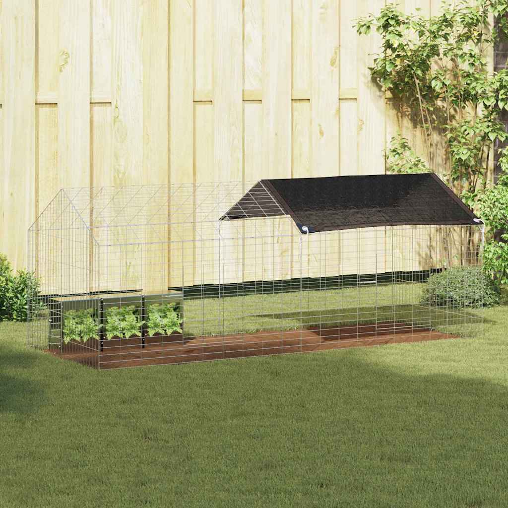 vidaXL Rabbit Cage Silver Galvanised Steel in a garden setting with a wooden floor and planter boxes