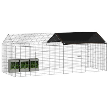 Galvanised steel rabbit hutch with integrated planter boxes and a black roof
