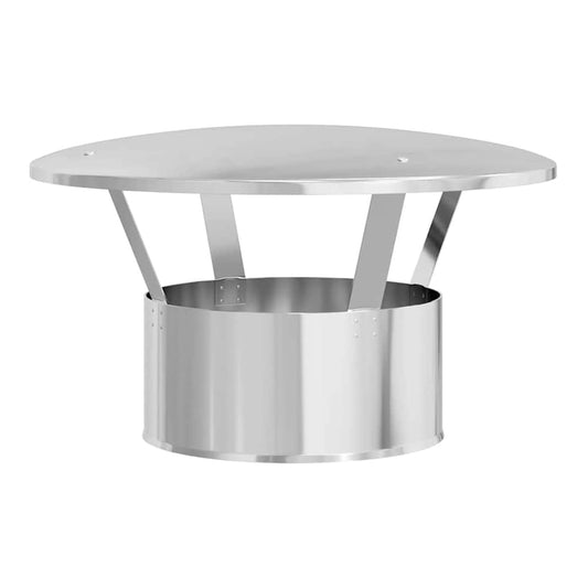 A silver stainless steel chimney rain cover with a wide brim and a cylindrical base