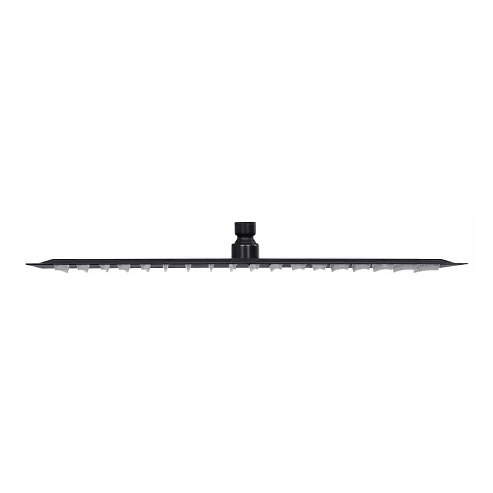 The square black shower head shown from the side, highlighting its slim profile