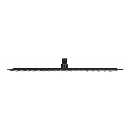 The square black shower head shown from the side, highlighting its slim profile