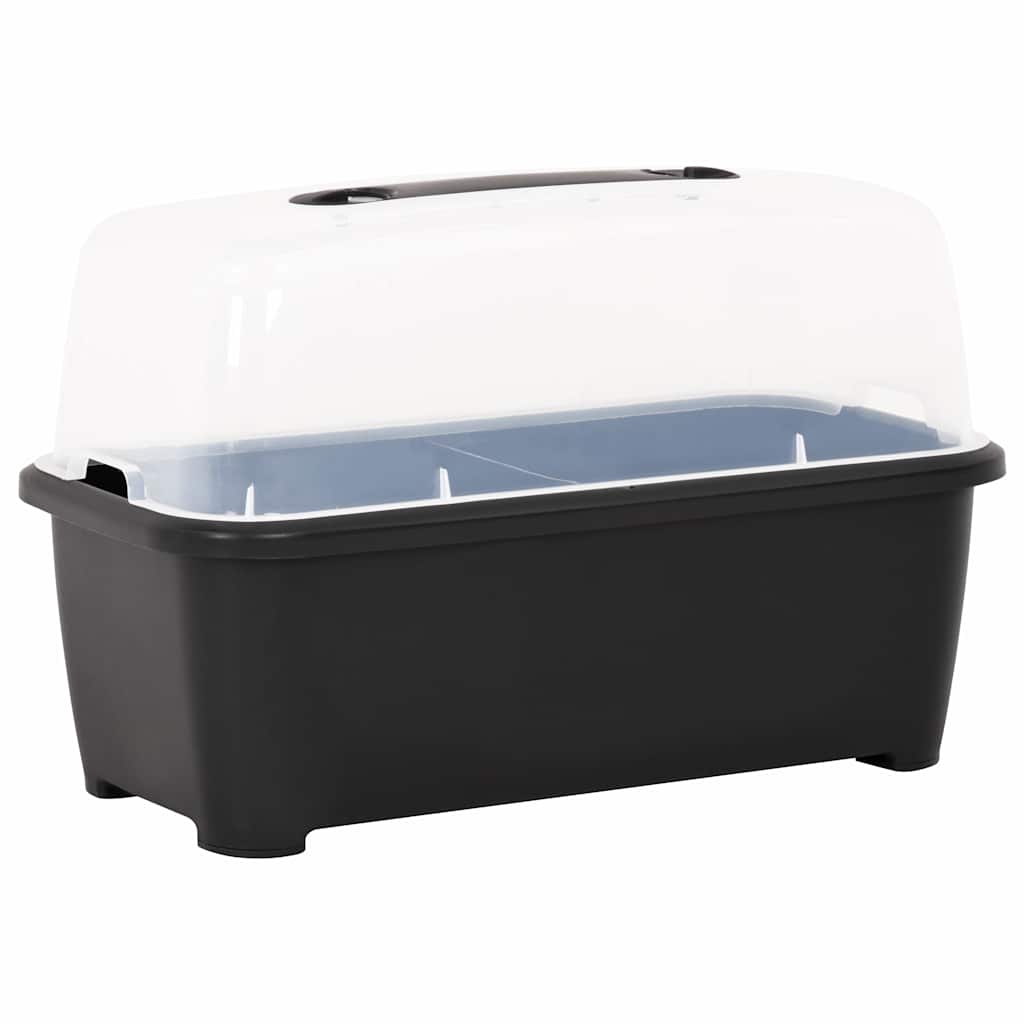 The raised garden planter without legs showing the black base and transparent cover