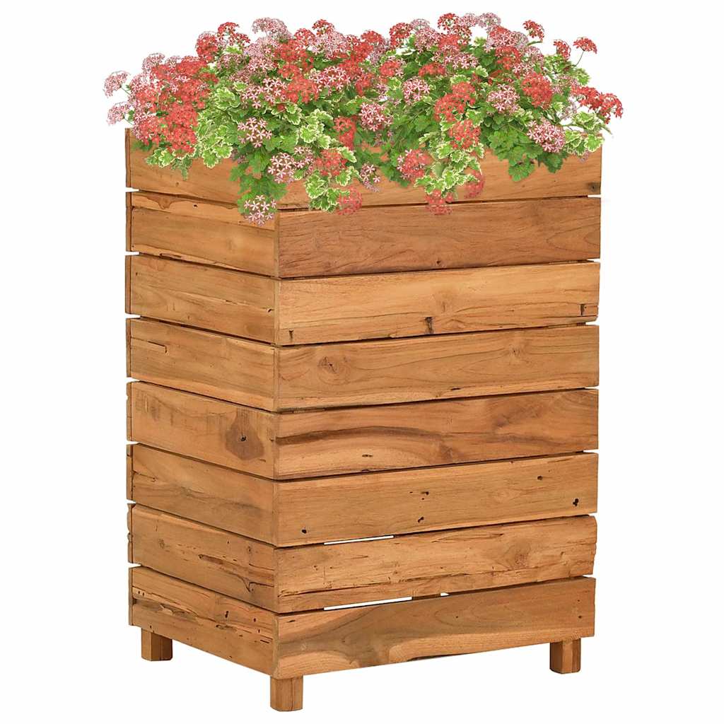 vidaXL Raised Bed Recycled Teak Wood and Steel filled with vibrant pink and green flowering plants
