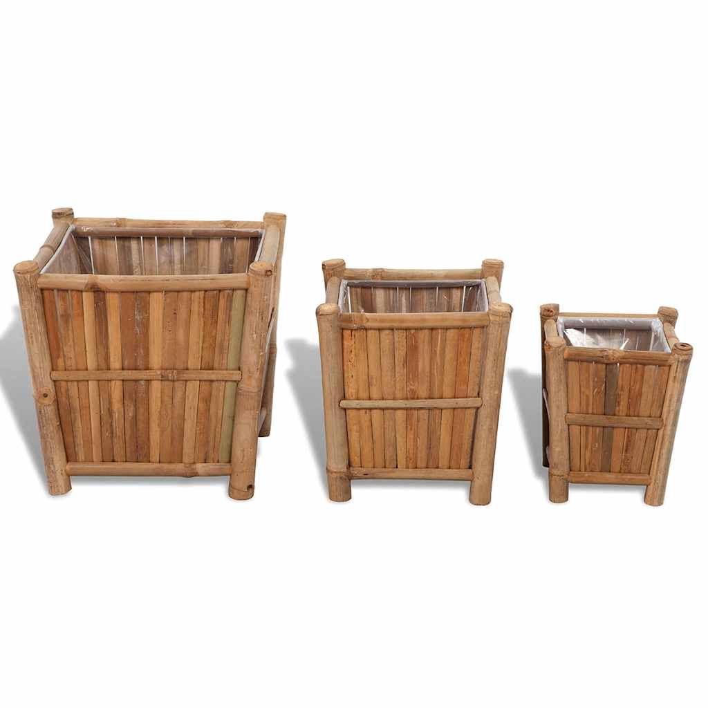 The three bamboo planters are shown from the front, each with a nylon lining