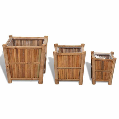 The three bamboo planters are shown from the front, each with a nylon lining