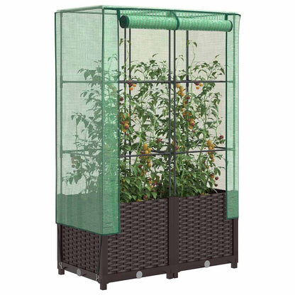 vidaXL Raised Bed with Greenhouse Cover Rattan Look, a tall planter with a rattan effect base and a green mesh cover