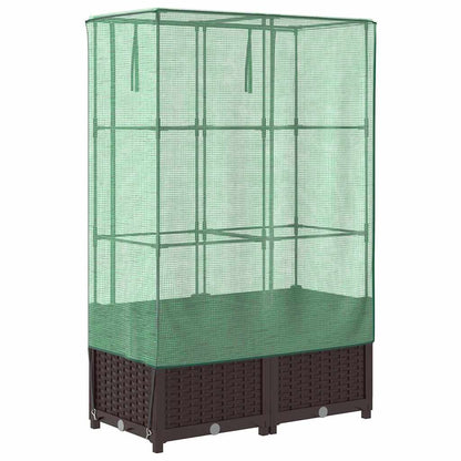The planter with a rattan effect base and green mesh cover, showing the structure and shelves