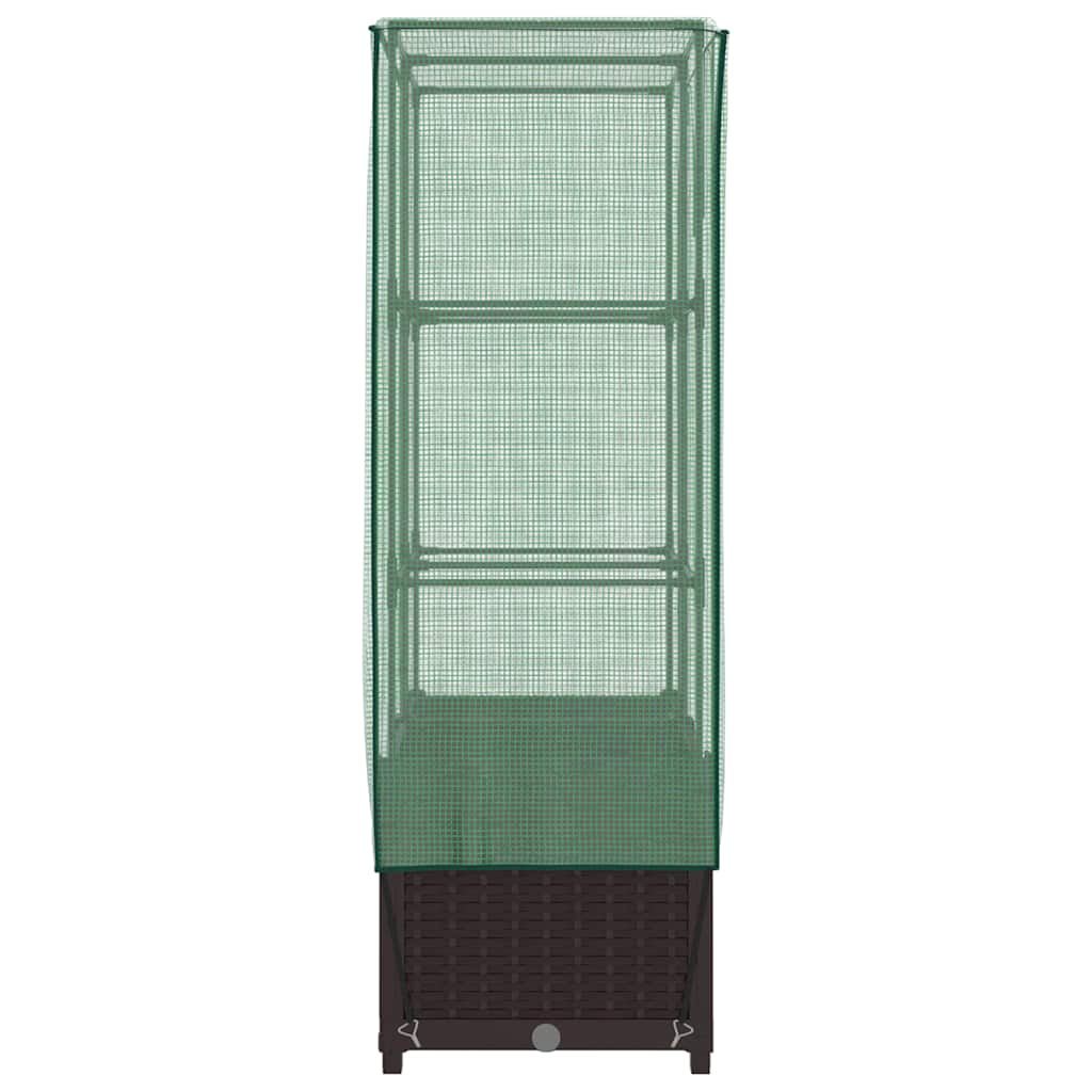 A tall planter with a rattan effect base and green mesh cover, viewed from the side