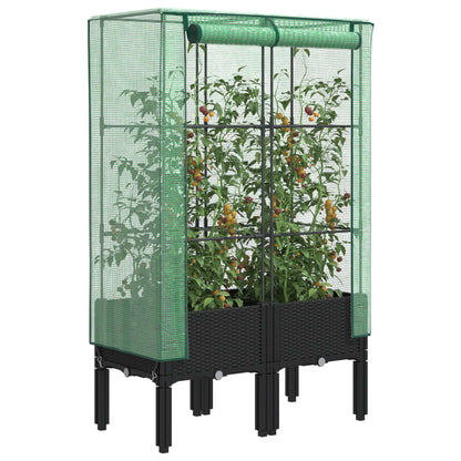 Raised Bed with Greenhouse Cover Rattan Look Black 80 x 40 x 140 cm