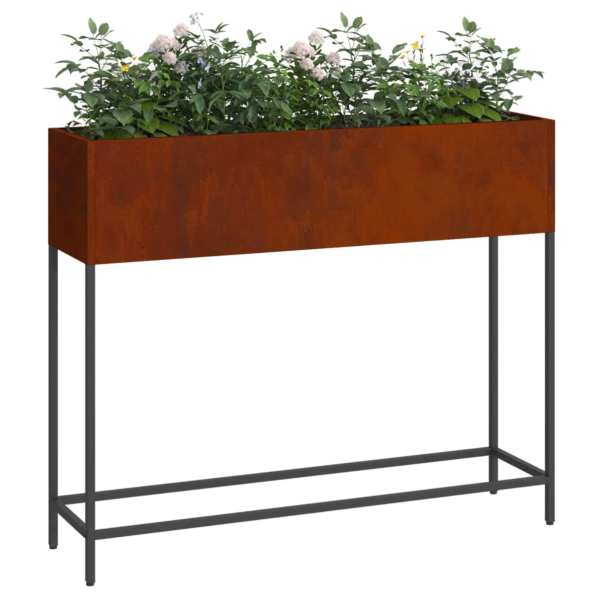 Weathering steel raised garden bed filled with plants