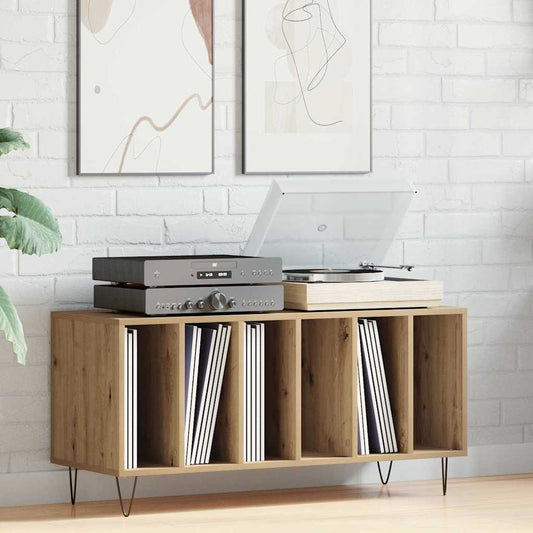 vidaXL Record Cabinet Artisan oak Engineered Wood in a living room with a turntable and audio equipment