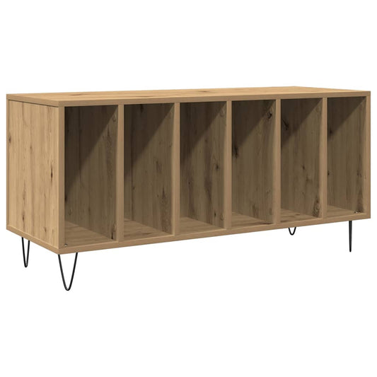 The media storage cabinet with a wood grain finish and thin black metal hairpin legs