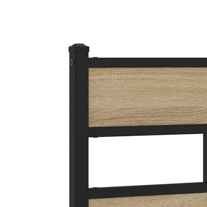 Close-up of the sonoma oak panel and black metal frame of the headboard