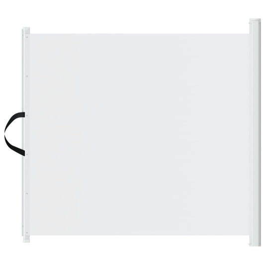 The white safety gate fully extended with a black handle on the side
