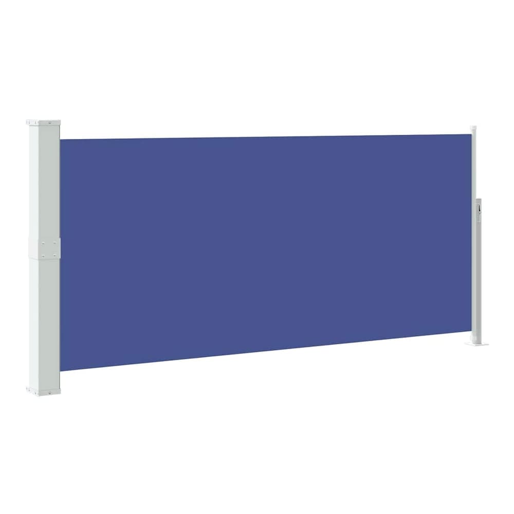 The blue retractable side awning shown fully extended against a white wall