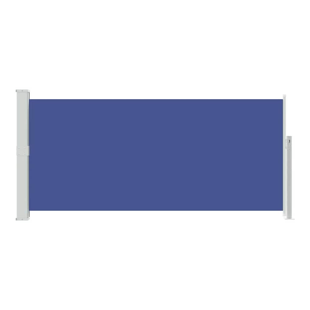A blue retractable side awning shown fully extended and isolated on a white background