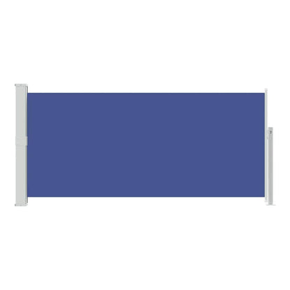 A blue retractable side awning shown fully extended and isolated on a white background