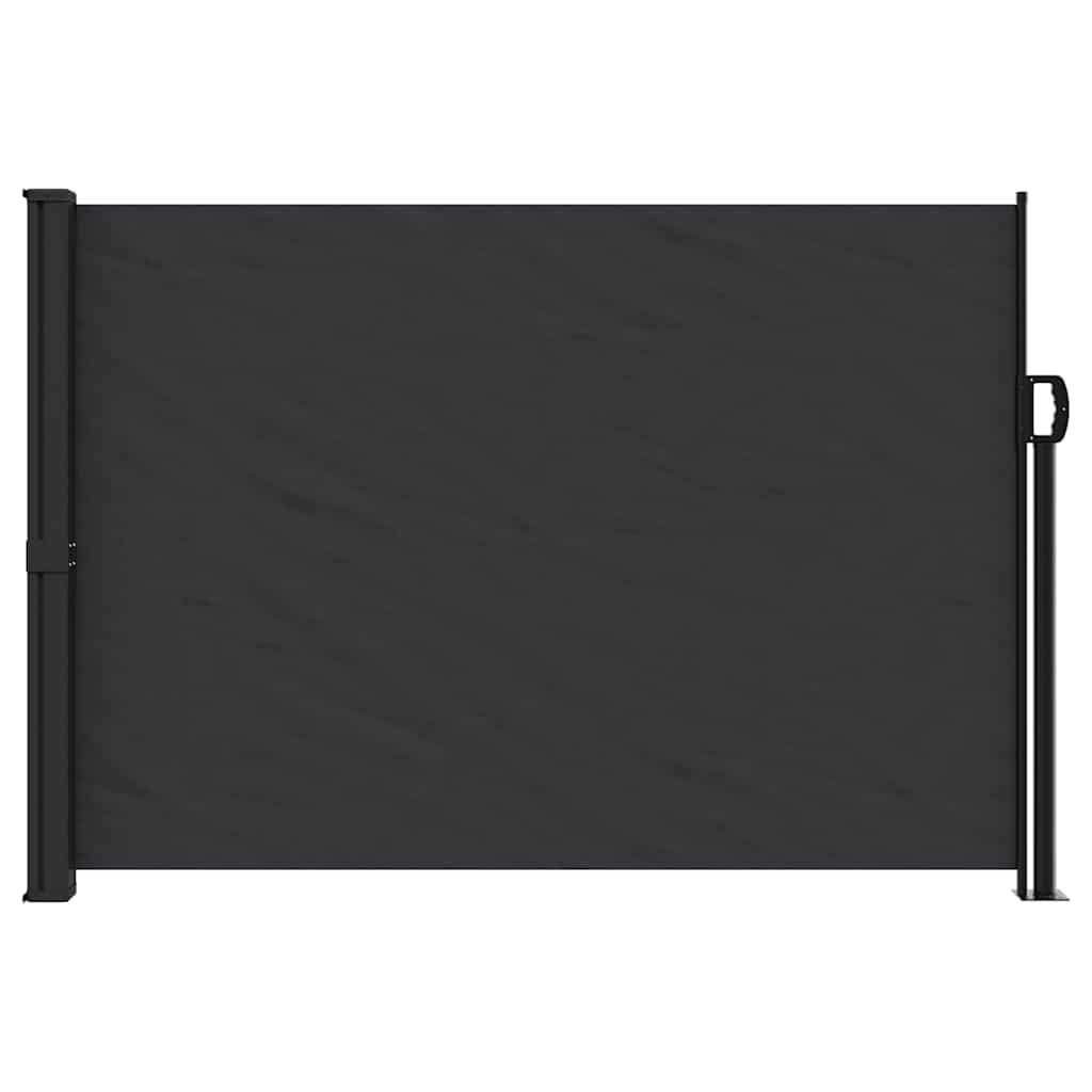A black retractable side awning shown from the front, mounted on a patio