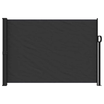 A black retractable side awning shown from the front, mounted on a patio