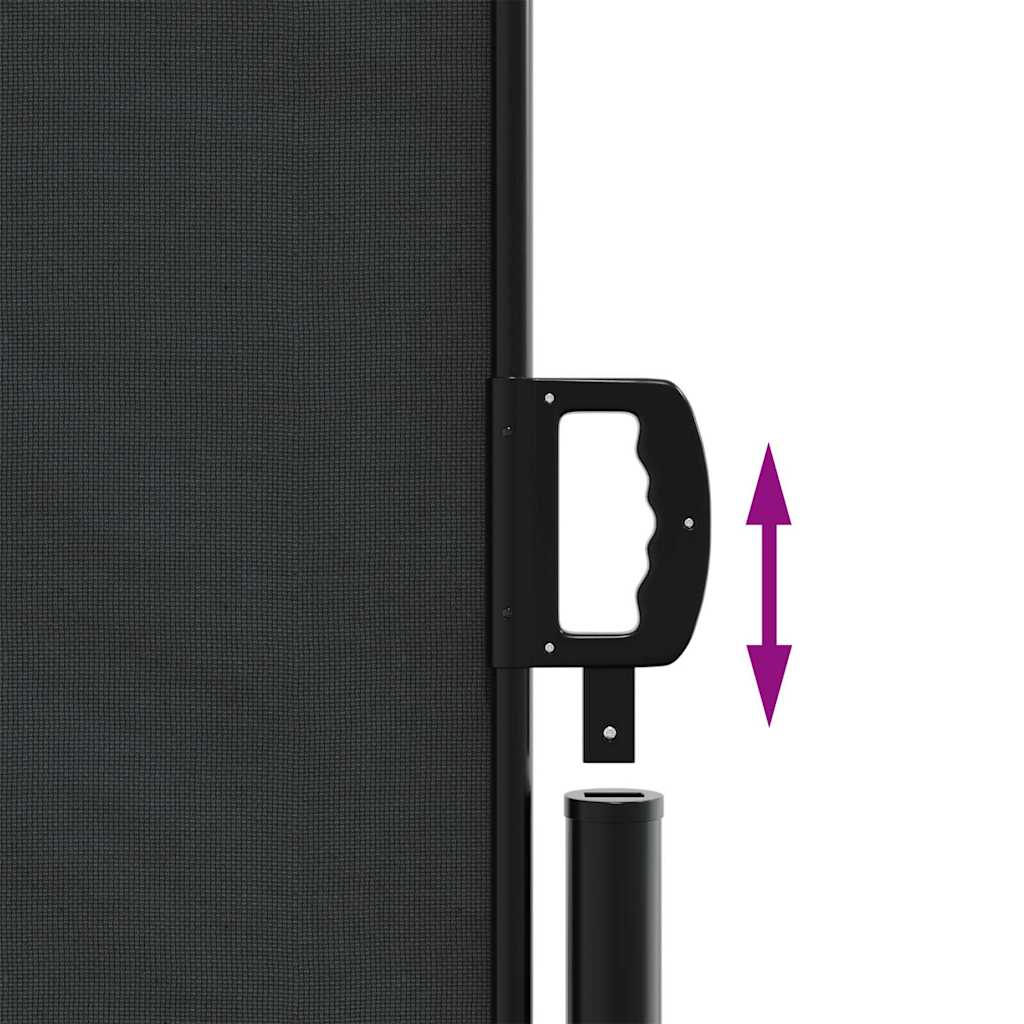 Close-up of the handle and pole connection of the black retractable awning