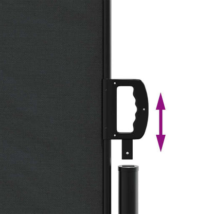 Close-up of the handle and pole connection of the black retractable awning