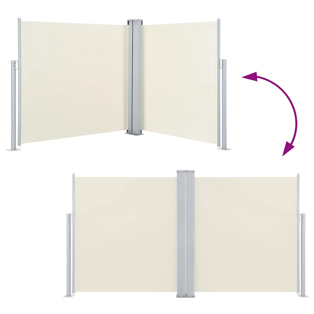 The cream retractable side awning shown in two positions, extended and retracted
