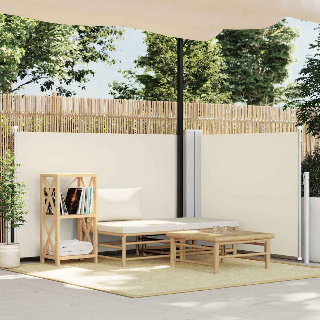 Retractable Side Awning Cream shown deployed in a garden setting with outdoor furniture