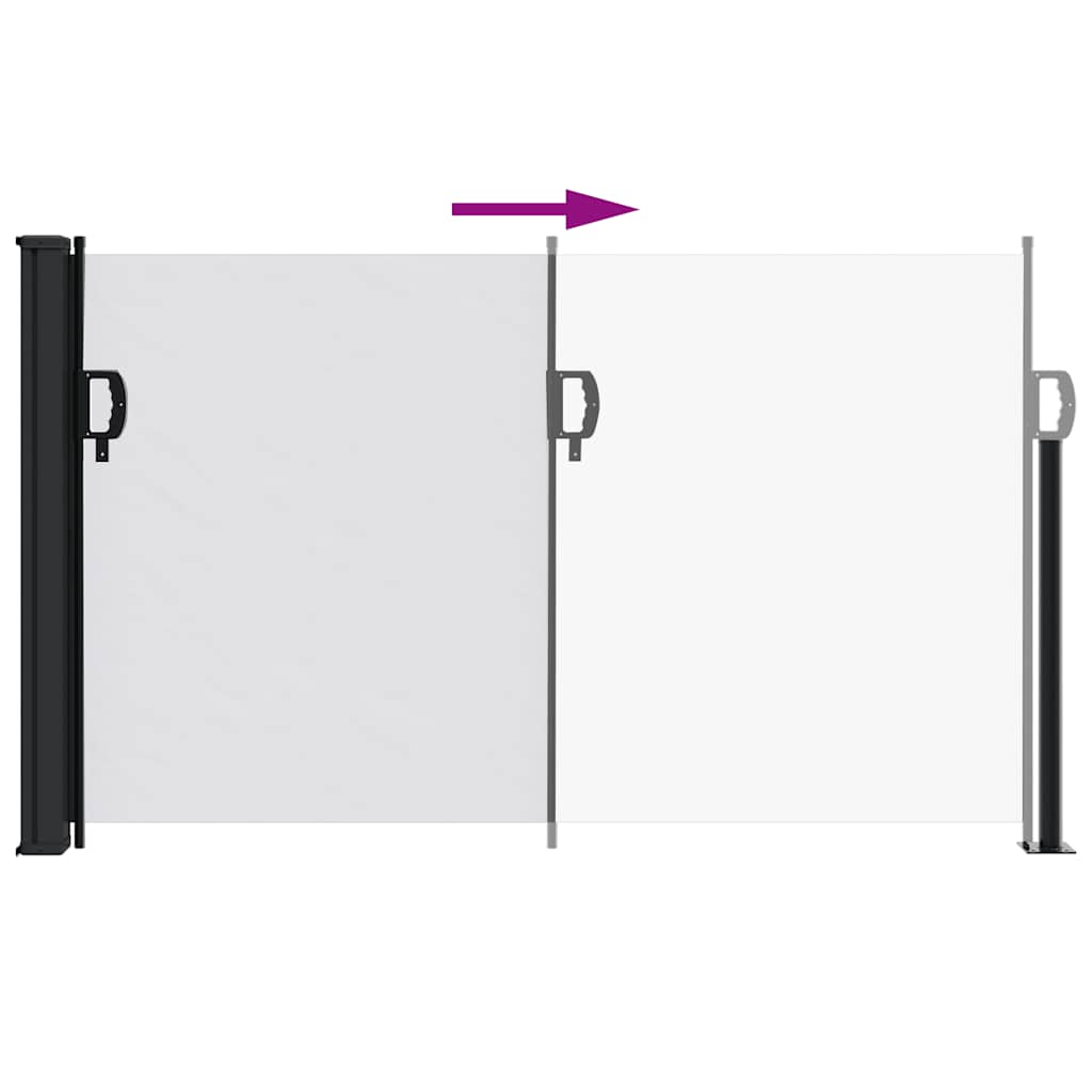 The white retractable side awning showing the extension movement with a purple arrow