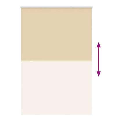 The beige blackout roller blind is shown with an arrow indicating adjustment