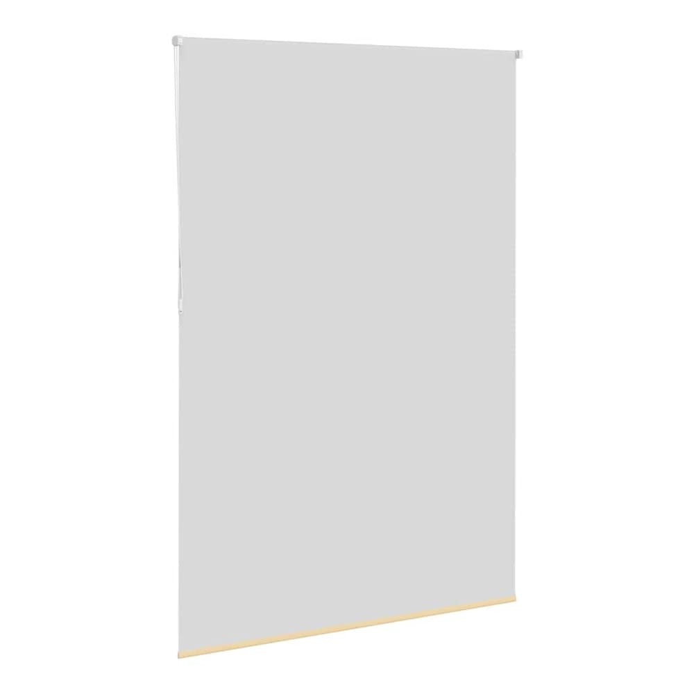 The beige blackout roller blind is partially rolled up, revealing the mechanism