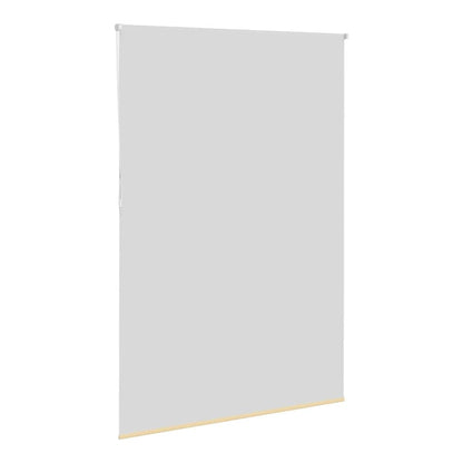 The beige blackout roller blind is partially rolled up, revealing the mechanism