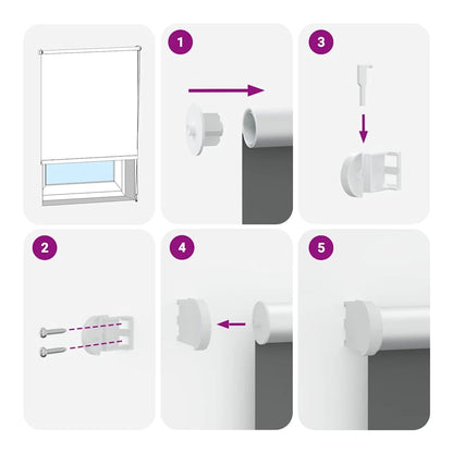 Diagram showing the parts and steps for fitting the roller blind