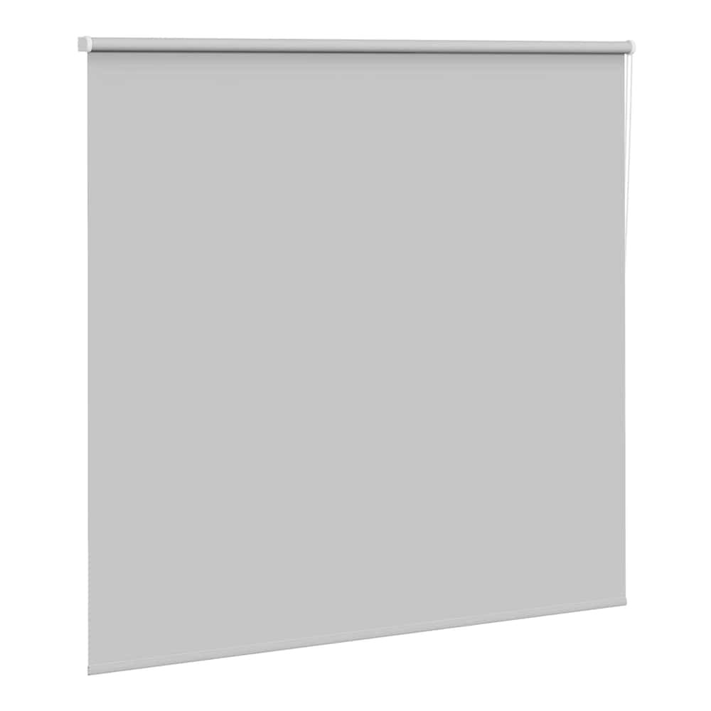 a light grey blackout roller blind shown from the side