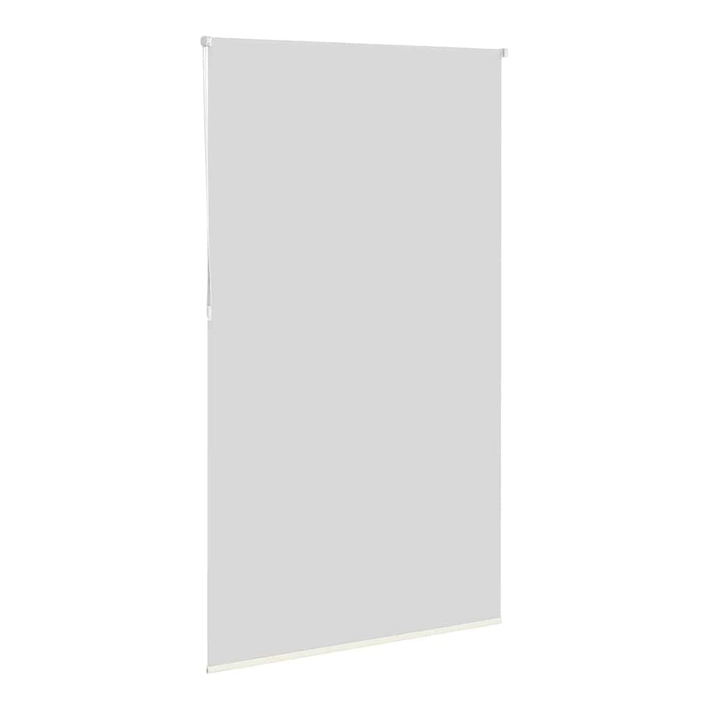 The off white blackout roller blind is shown at an angle, partially raised