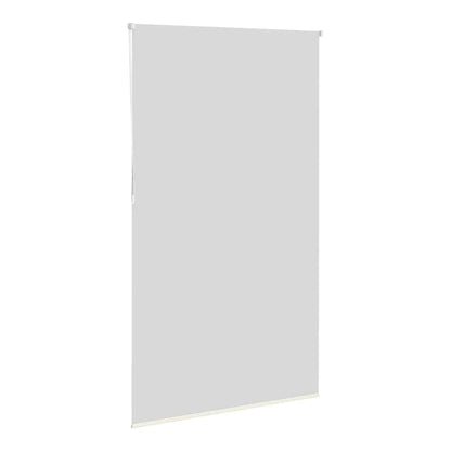 The off white blackout roller blind is shown at an angle, partially raised