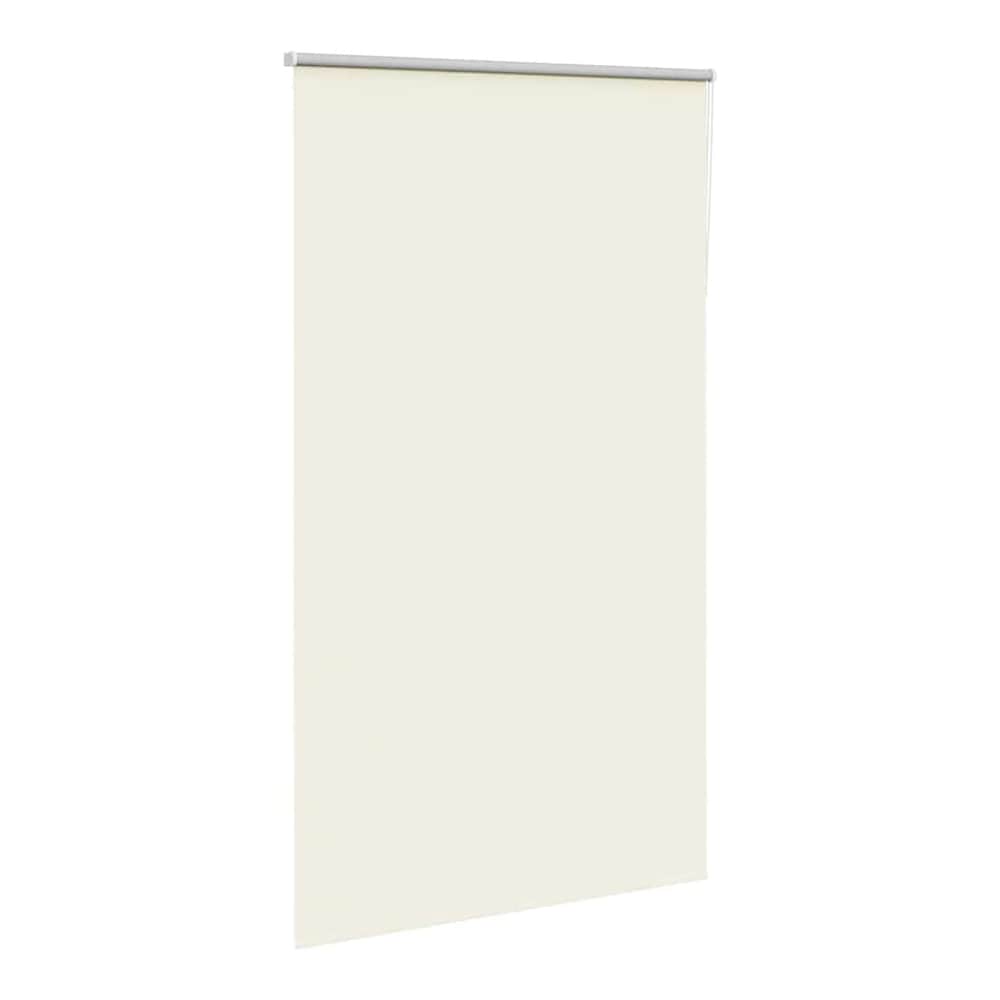 The off white blackout roller blind is shown at an angle, fully lowered