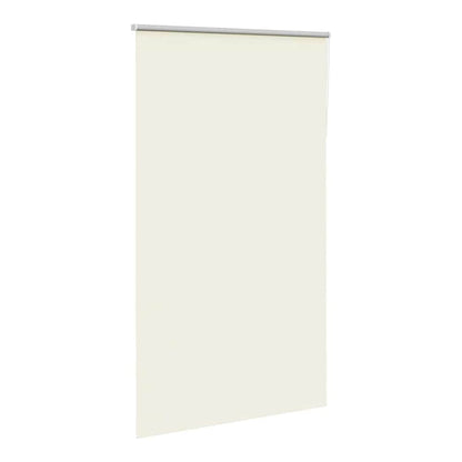The off white blackout roller blind is shown at an angle, fully lowered