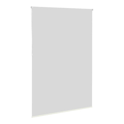 The off white blackout roller blind, shown hanging and angled from the left