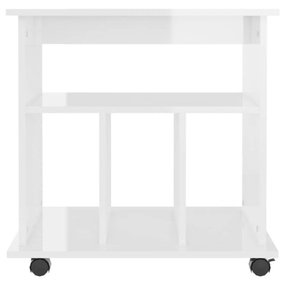 The white storage cabinet from the front showing its shelves and wheels