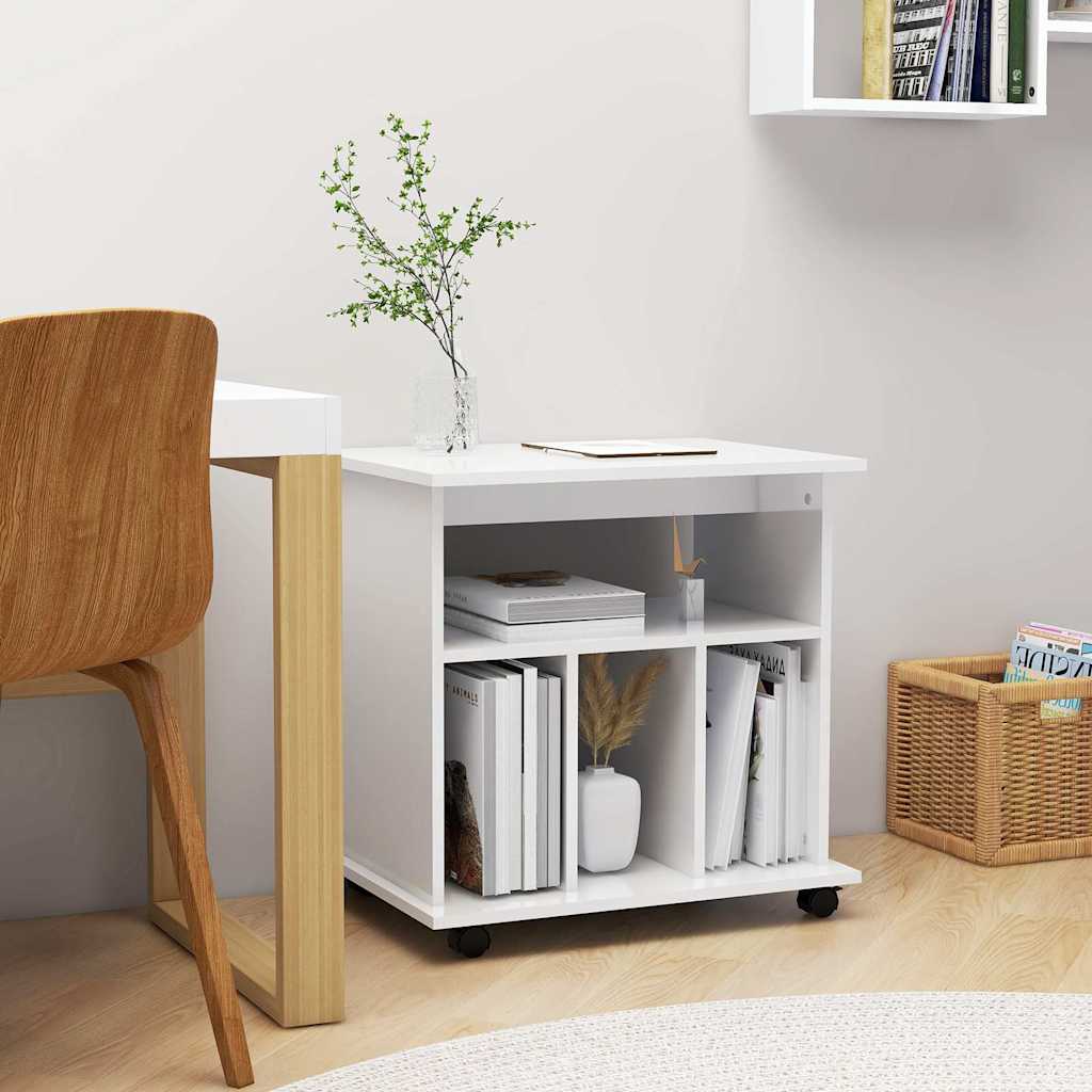 Rolling Cabinet High Gloss White Engineered Wood next to a desk with books and a plant