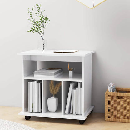 White storage cabinet with books and a vase on shelves