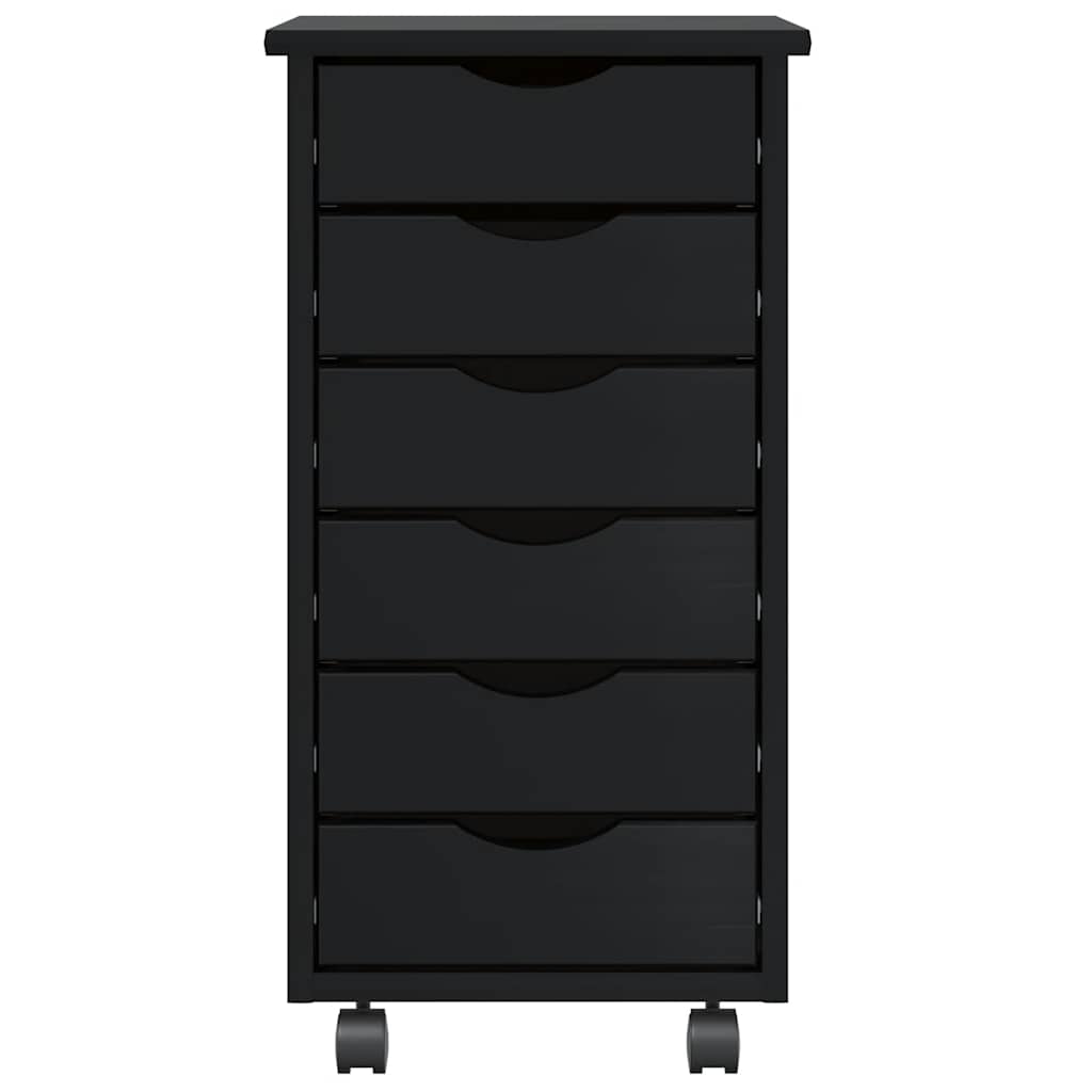 The black wooden rolling cabinet has seven drawers and wheels at the base