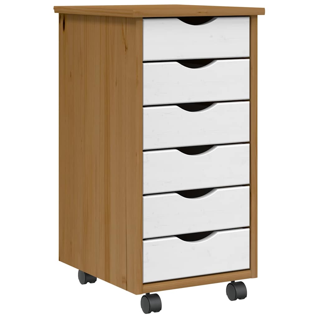 A honey brown pine wood rolling cabinet with seven white drawers on wheels