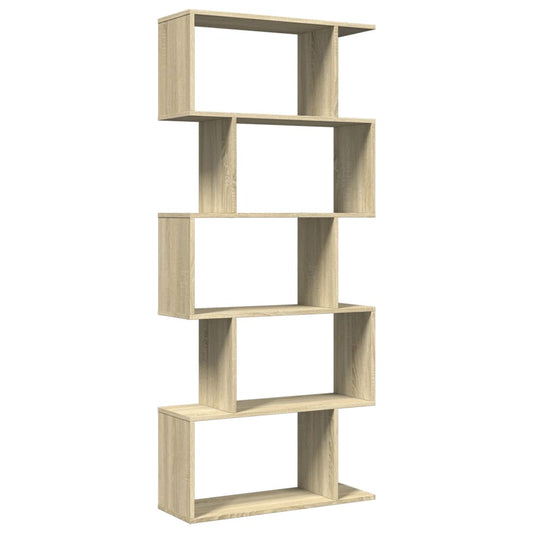 Room Divider Bookcase 5-Tier Sonoma Oak, the standing shelf with an empty zig-zag frame design in a light wood finish