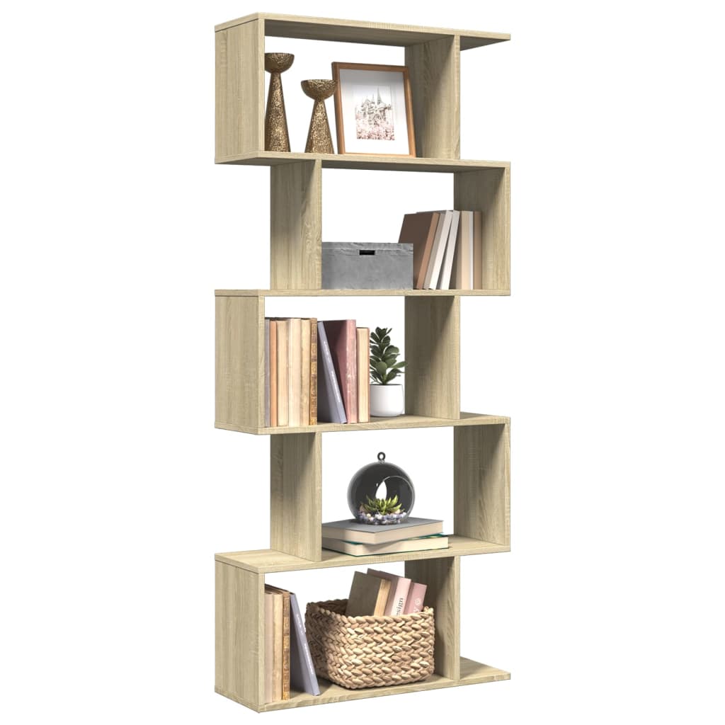 vidaXL Room Divider Bookcase 5-Tier Sonoma Oak filled with books, plants and decorative items