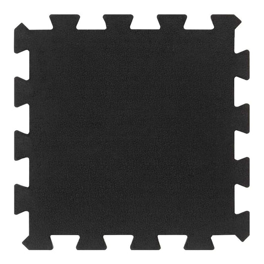 A single black interlocking exercise mat tile, showing its textured surface and interlocking edges
