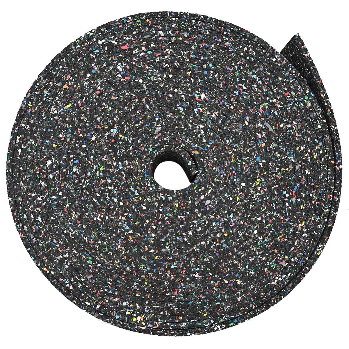 The black rubber bands coiled into a roll showing colourful flecks within the material