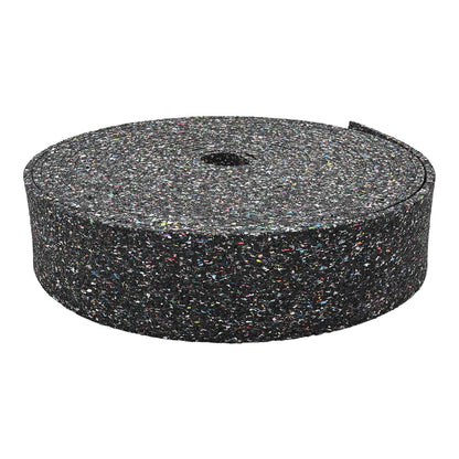 A full view of the black rubber granulate roll showing its circular shape and textured surface