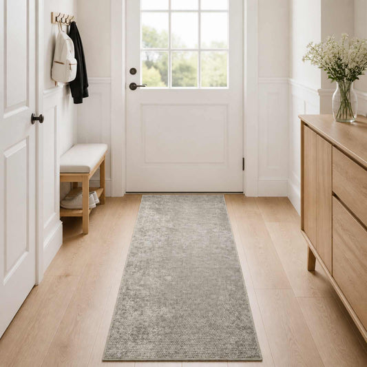 vidaXL Rug Beige 100% Polyester 3 mm Washable laid out on a wooden floor in a bright hallway